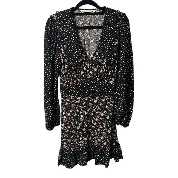 Zara Black Floral and Spotty Long Sleeve Tea Dress Mini Dress Contrast Print S - Picture 5 of 9